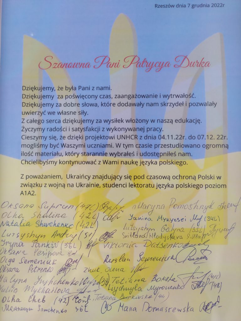 Podziękowania obcokrajowców Patrycji Durce za naukę języka polskiego